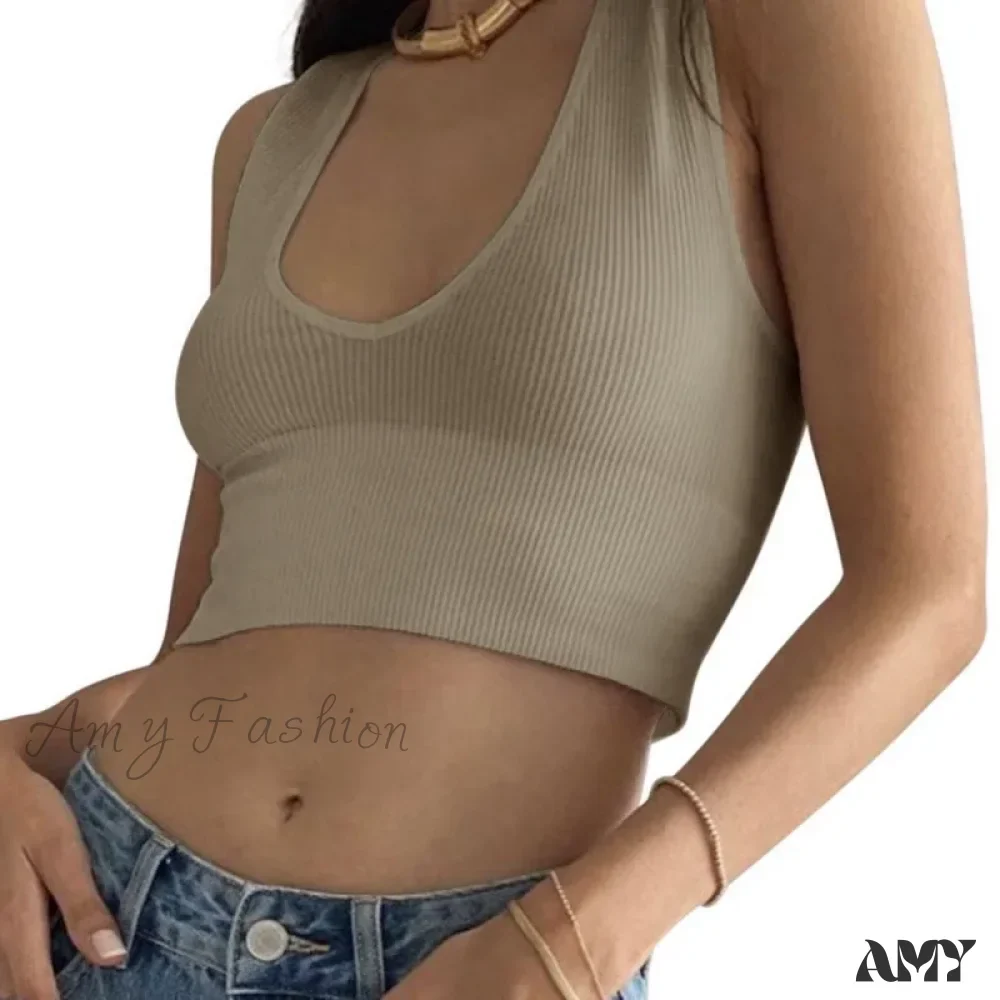 Seamless Rib Plunge Scoop Neck U Back Sports Bra Crop Top - Image 7