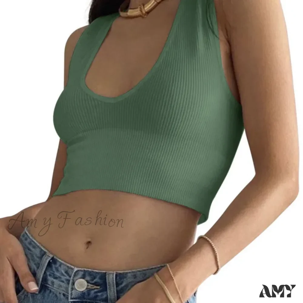 Seamless Rib Plunge Scoop Neck U Back Sports Bra Crop Top - Image 8