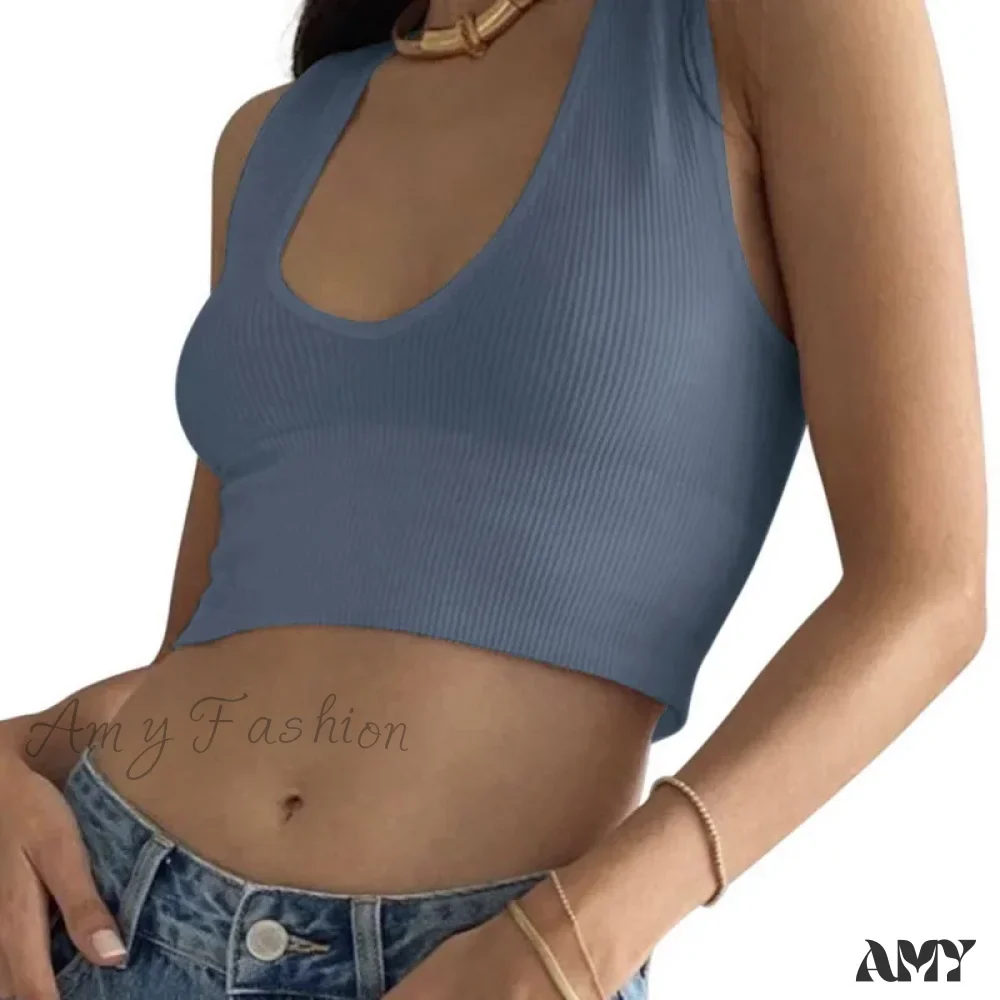 Seamless Rib Plunge Scoop Neck U Back Sports Bra Crop Top - Image 9