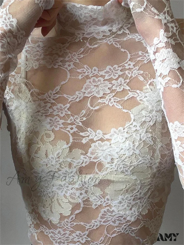 Amy Fashion - See Through Crop Top Long Sleeve High Neck Lace Floral Slim Fit T-shirts - Image 5