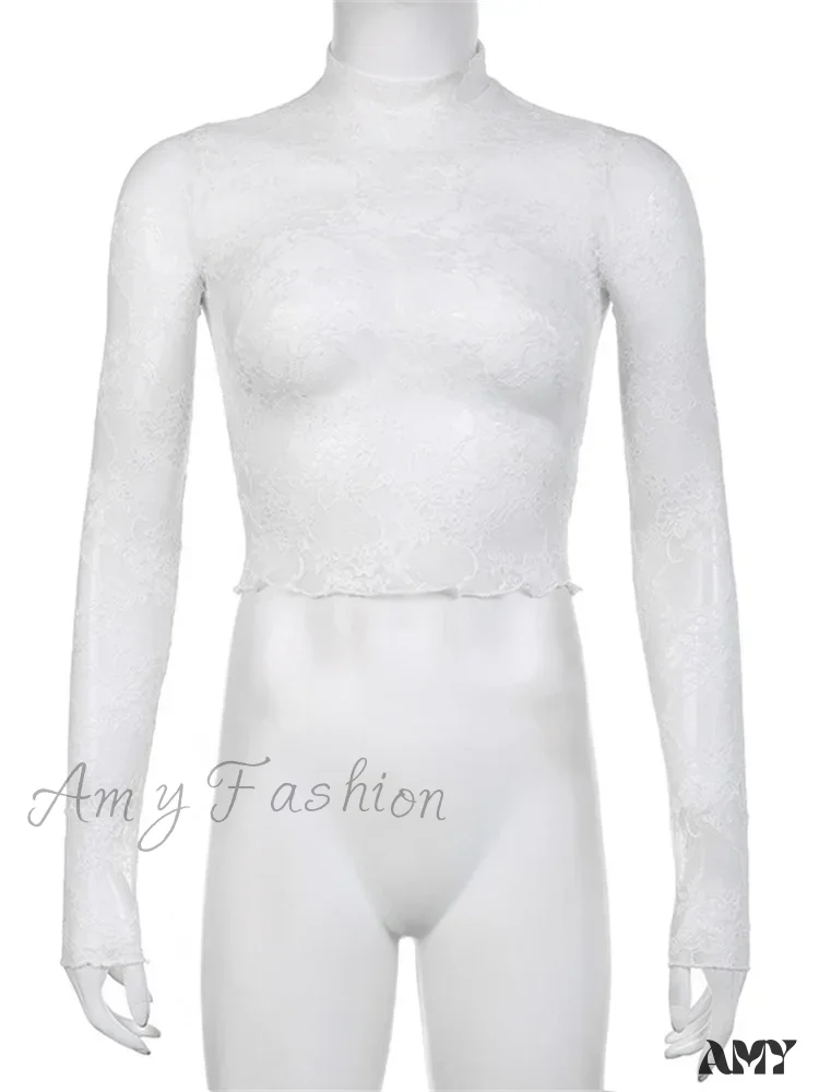 Amy Fashion - See Through Crop Top Long Sleeve High Neck Lace Floral Slim Fit T-shirts - Image 6