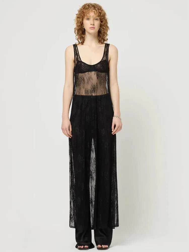 See Through Lace Hollow Out U Neck Sleeveless Vacation Dress - Image 2