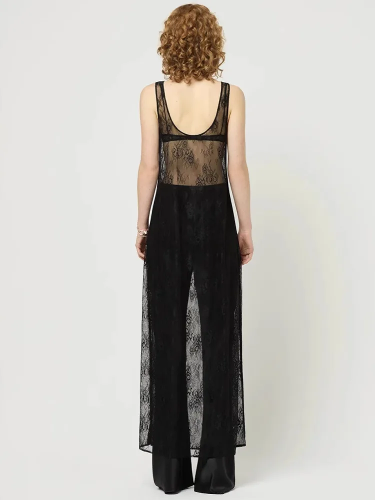 See Through Lace Hollow Out U Neck Sleeveless Vacation Dress - Image 3
