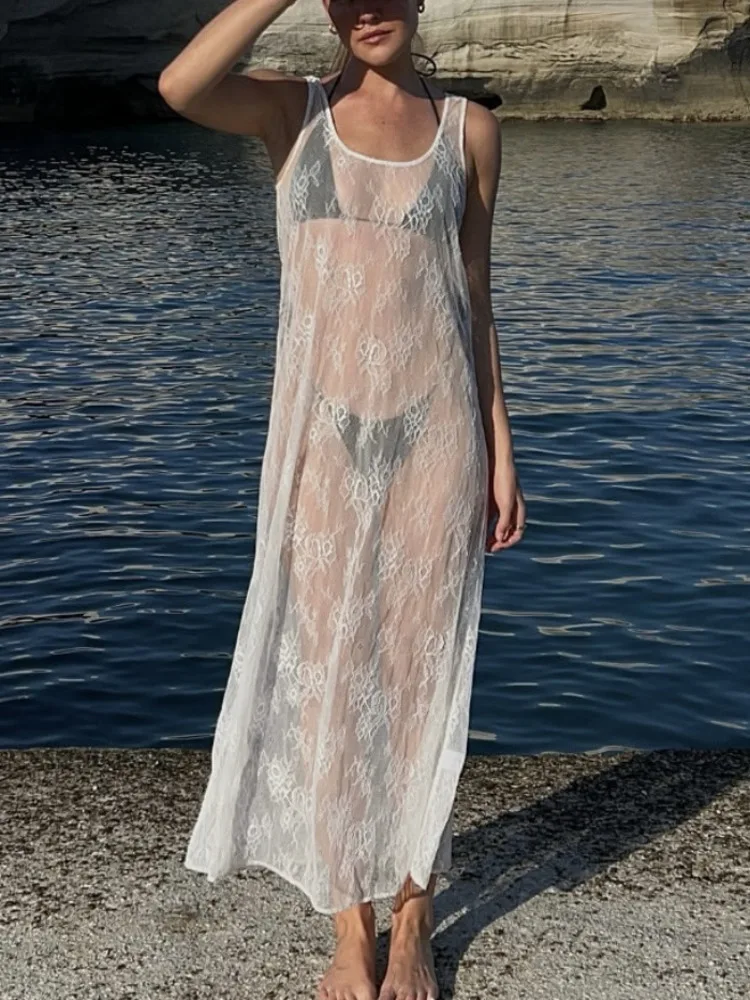 See Through Lace Hollow Out U Neck Sleeveless Vacation Dress - Image 5