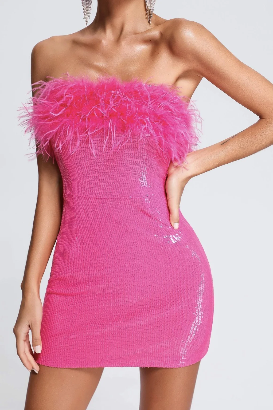 Sequin Faux Fur Trim Off-Shoulder Strapless Party Dress - Image 5