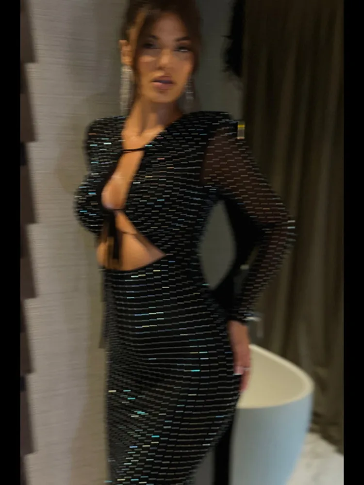 Sequin Sheer Long Sleeve Midi Dress - Image 2