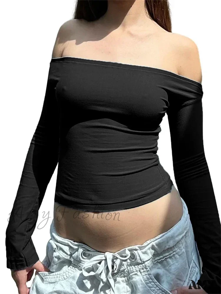 Amy Fashion - Sexy Aesthetic Club Slash NeckFairy Grunge Basic T-Shirts - Image 6
