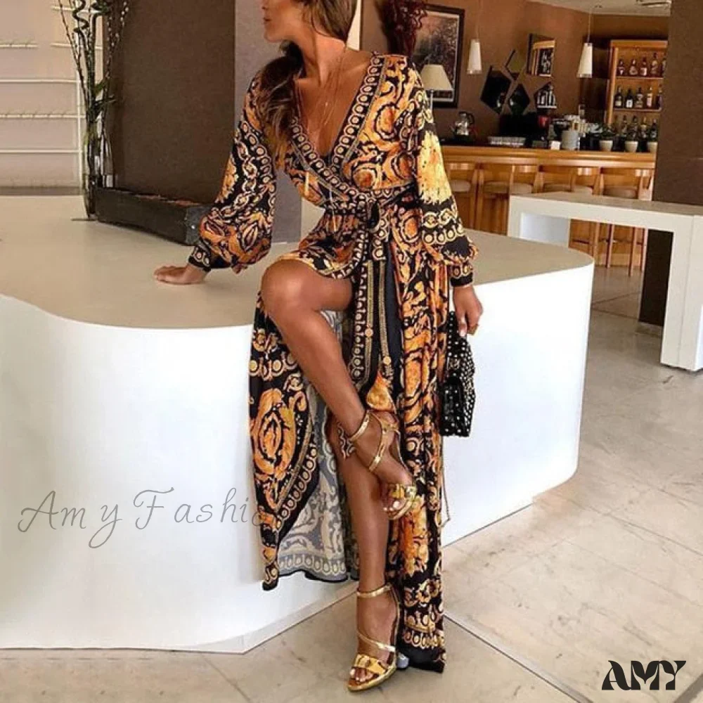 Amy Fashion - Sexy Glitter Deep V Neck Print Party Dress - Image 3
