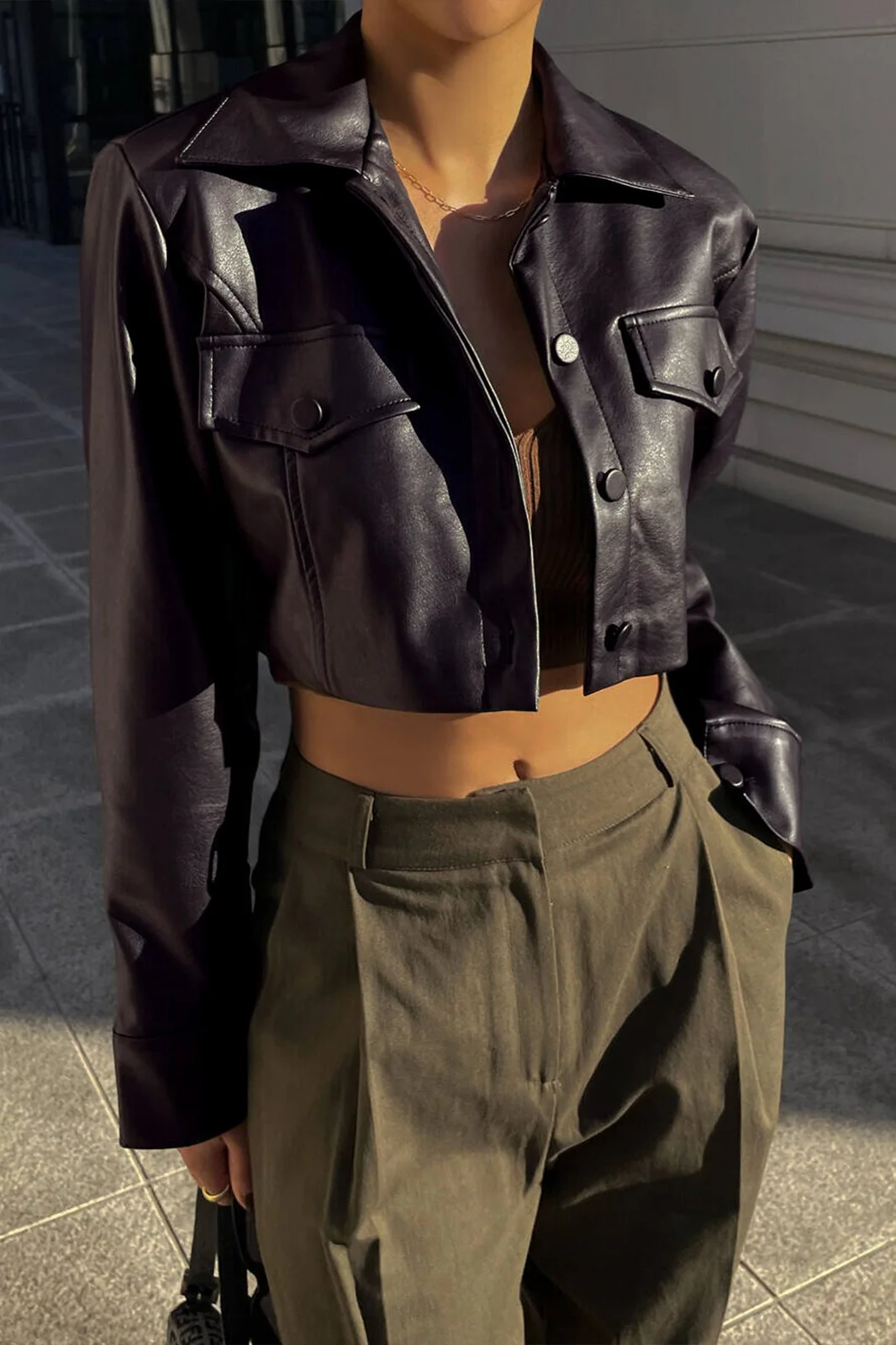 Sexy Crop Single-Breasted Biker Jacket - Image 5