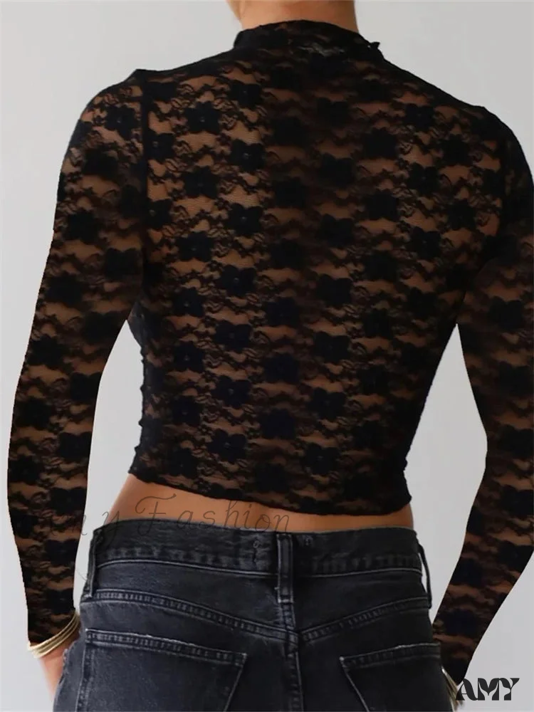 Amy Fashion - Sexy Lace Flower Crop Tops Long Sleeve Mesh See-Through Slim Fit T-shirts - Image 3