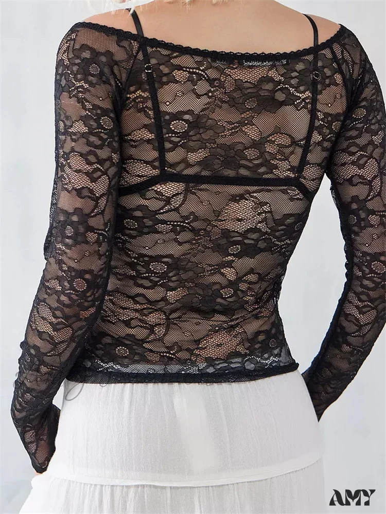 Amy Fashion - Sexy Mesh See Through V-Neck Fairy Grunge Lace T-Shirts - Image 2
