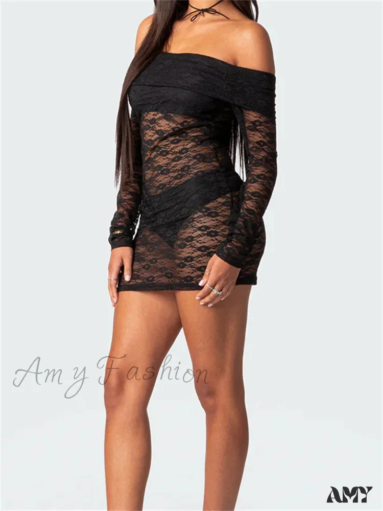 Amy Fashion - Sexy Off Shoulder Lace Fashion Long Sleeve Mini Dress - Image 2