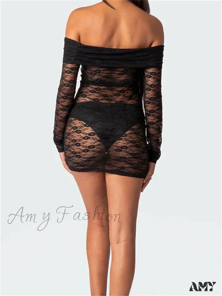 Amy Fashion - Sexy Off Shoulder Lace Fashion Long Sleeve Mini Dress - Image 3