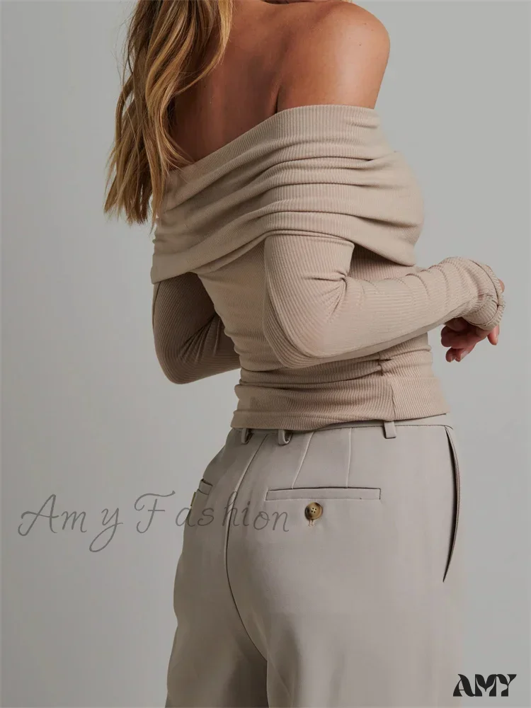 Sexy Off Shoulder Long Sleeve Knitted Slim Fit Ribbed Slash Neck Crop Top - Image 2