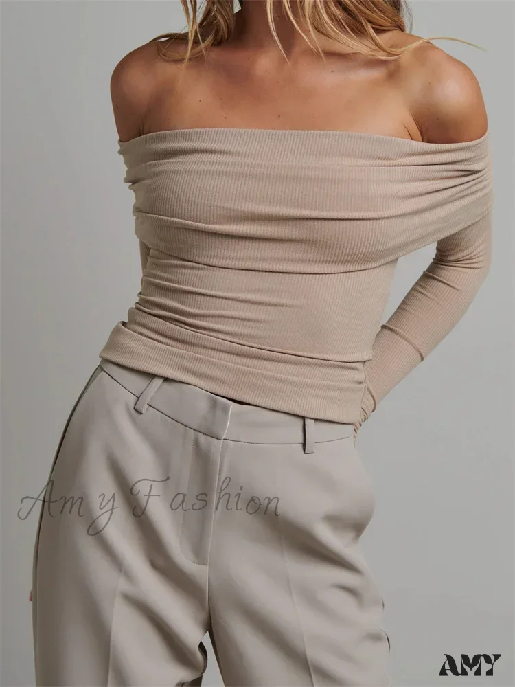 Sexy Off Shoulder Long Sleeve Knitted Slim Fit Ribbed Slash Neck Crop Top - Image 3