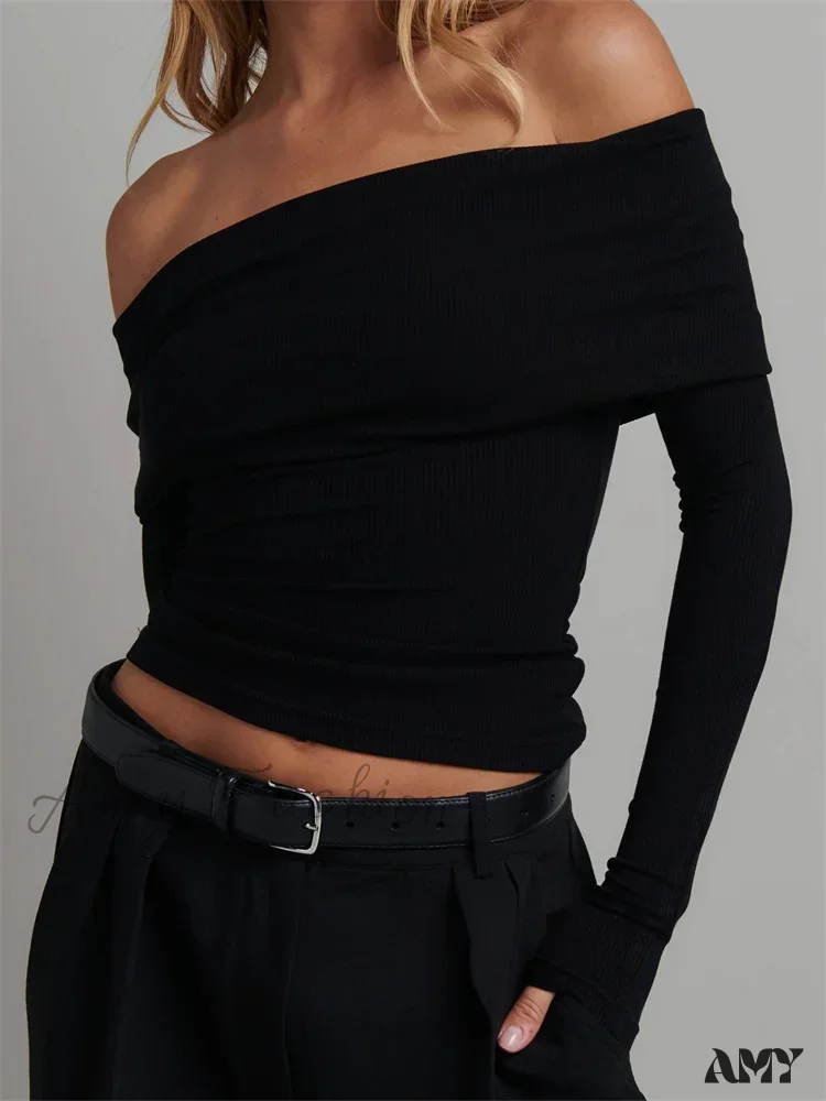 Sexy Off Shoulder Long Sleeve Knitted Slim Fit Ribbed Slash Neck Crop Top - Image 4