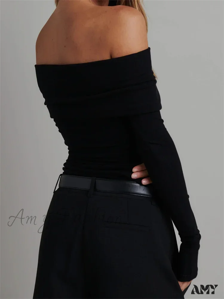 Sexy Off Shoulder Long Sleeve Knitted Slim Fit Ribbed Slash Neck Crop Top - Image 5