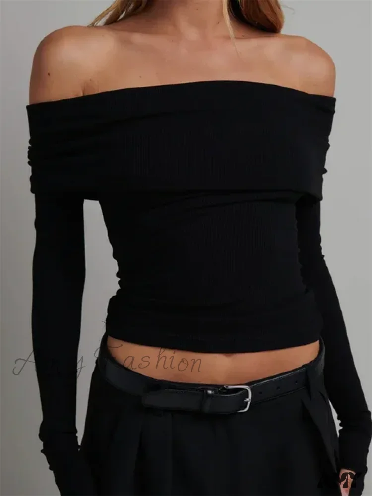Sexy Off Shoulder Long Sleeve Knitted Slim Fit Ribbed Slash Neck Crop Top - Image 6