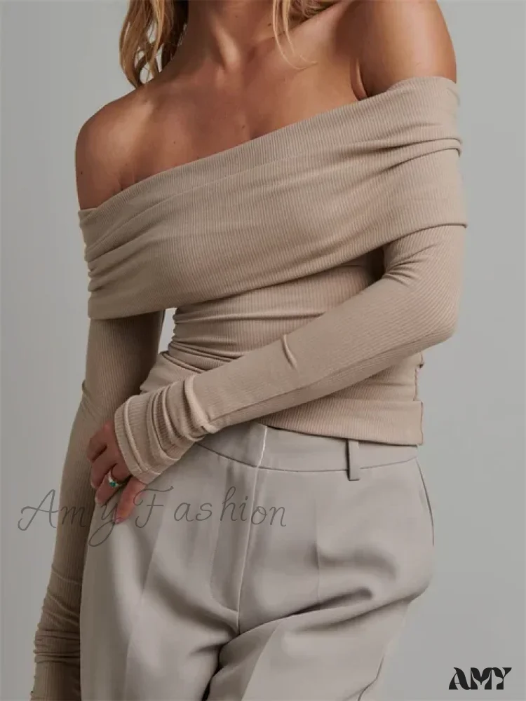 Sexy Off Shoulder Long Sleeve Knitted Slim Fit Ribbed Slash Neck Crop Top - Image 7