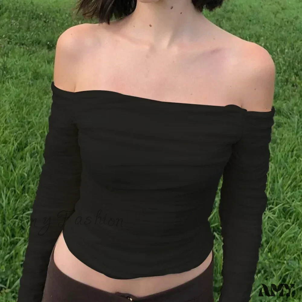 Sexy Off Shoulder Mesh Flare Long Sleeve Slim Fitting Crop Top - Image 2