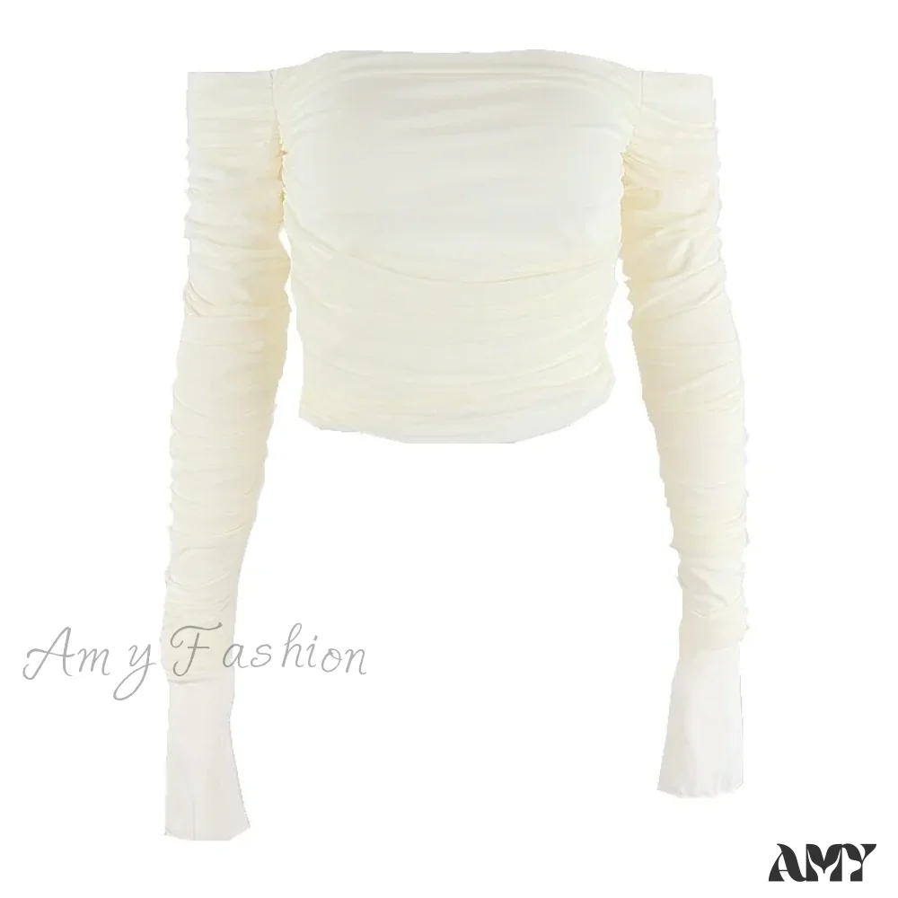 Sexy Off Shoulder Mesh Flare Long Sleeve Slim Fitting Crop Top - Image 5