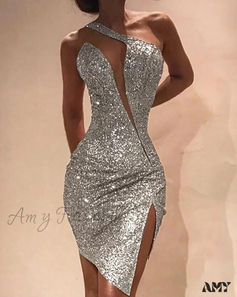 Amy Fashion - One Shoulder Cut Out Slit Bodycon Sequin Dress - Image 5