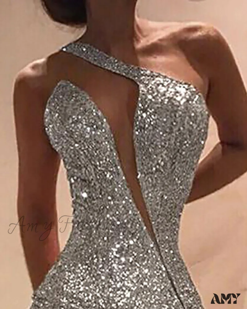 Amy Fashion - One Shoulder Cut Out Slit Bodycon Sequin Dress - Image 6