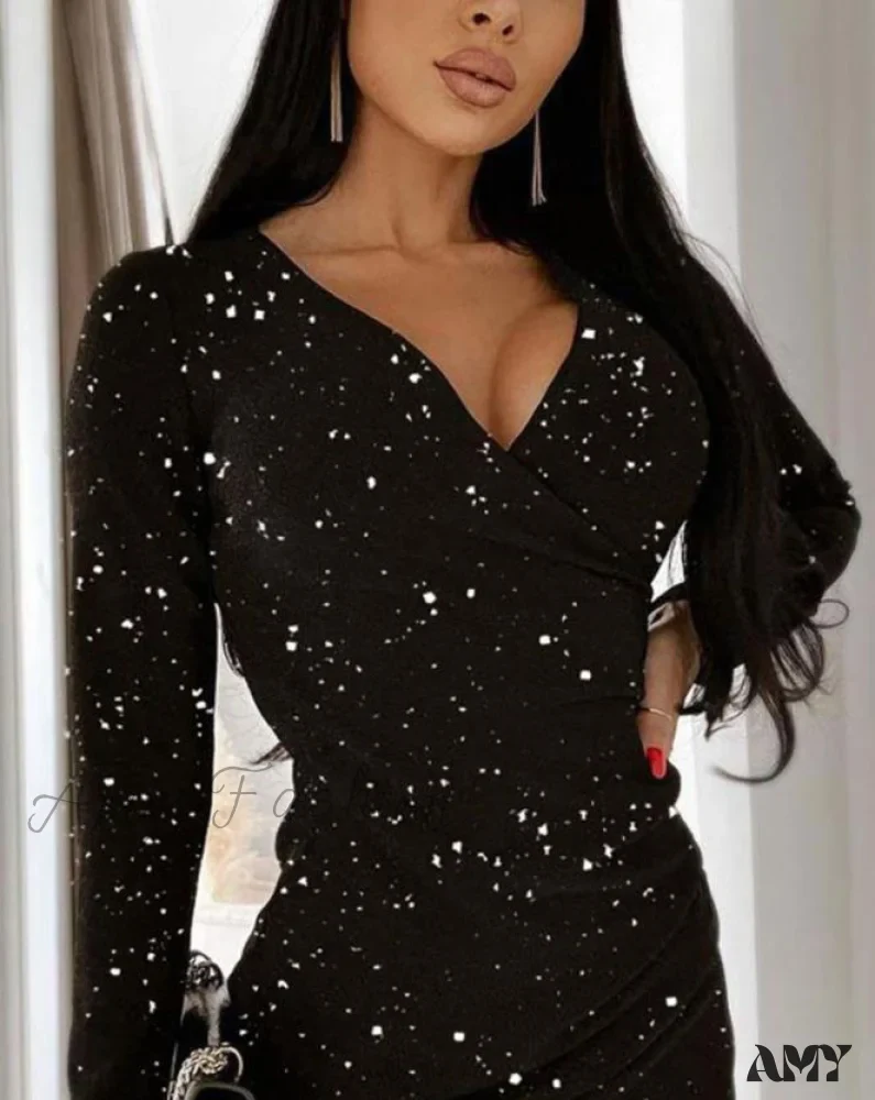 Amy Fashion - Plain V-Neck Glitter Long Sleeve Ruched Bodycon Evening Mini Dress - Image 3