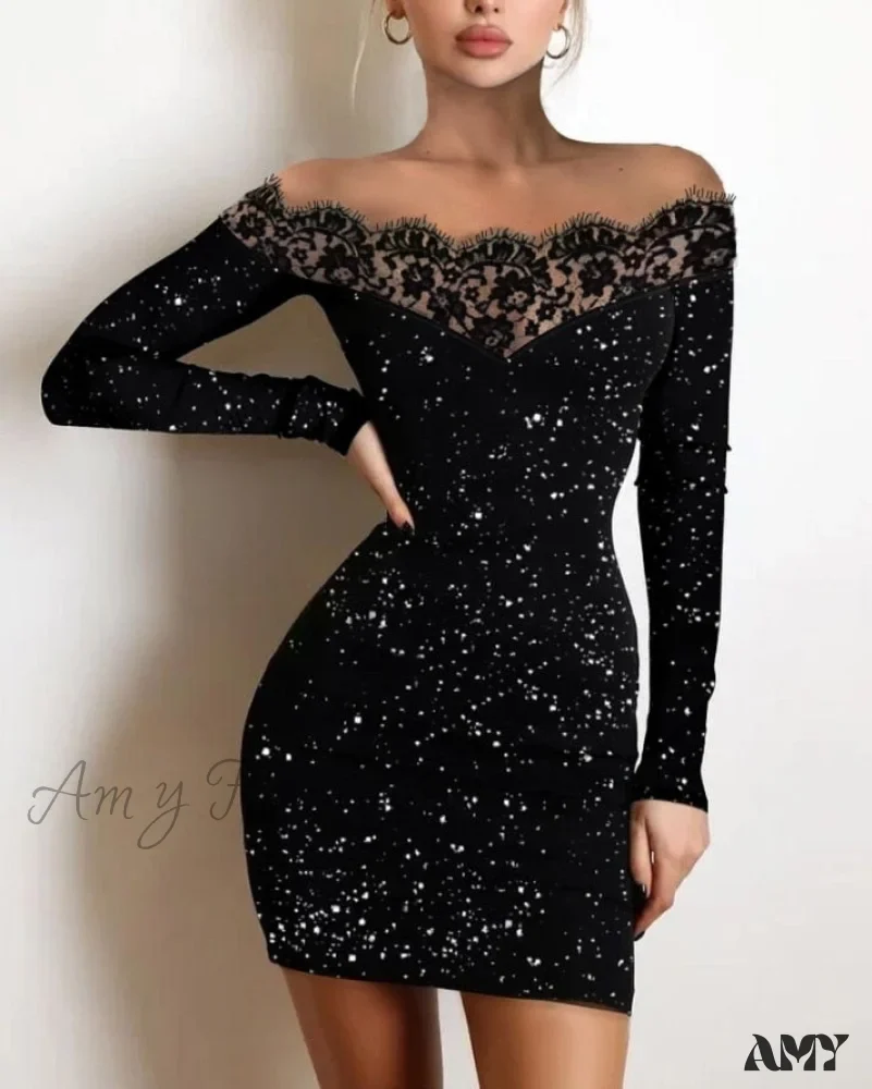 Amy Fashion - Off Shoulder Long Sleeve Contrast Lace Glitter Bodycon Mini Dress - Image 3