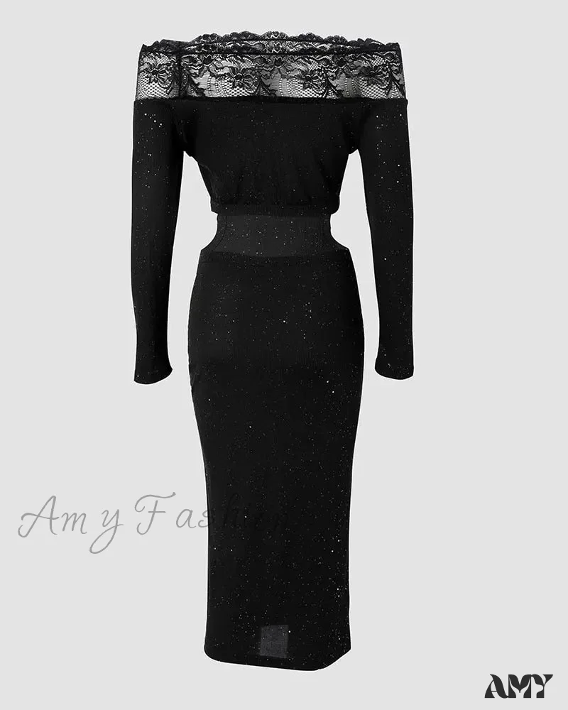 Amy Fashion - Off Shoulder Long Sleeve Contrast Lace Glitter Bodycon Mini Dress - Image 4