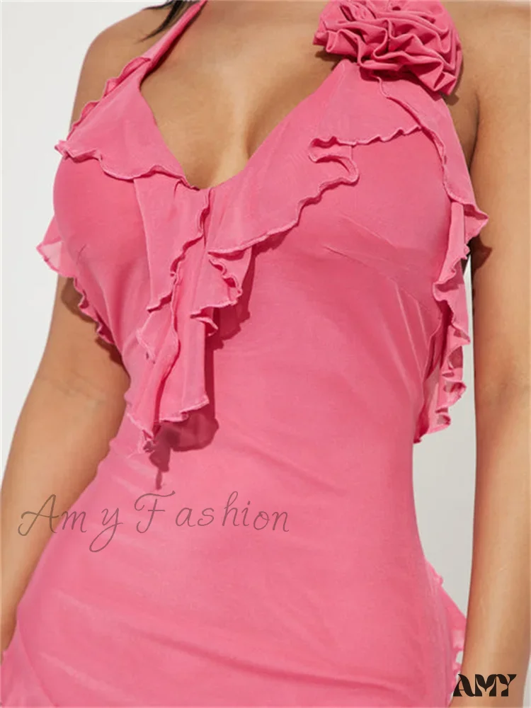 Amy Fashion - Sexy Ruffles Fairy Floral Halter Off Shoulder Backless Mini Dress - Image 4