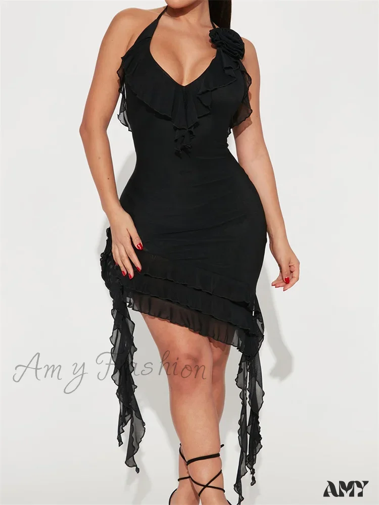 Amy Fashion - Sexy Ruffles Fairy Floral Halter Off Shoulder Backless Mini Dress - Image 7