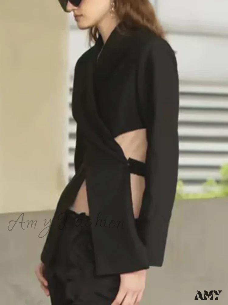 Sexy Slimming Hollow Out Notched Collar Long Sleeve Crisscross Casual Front Fashion Blazer - Image 3