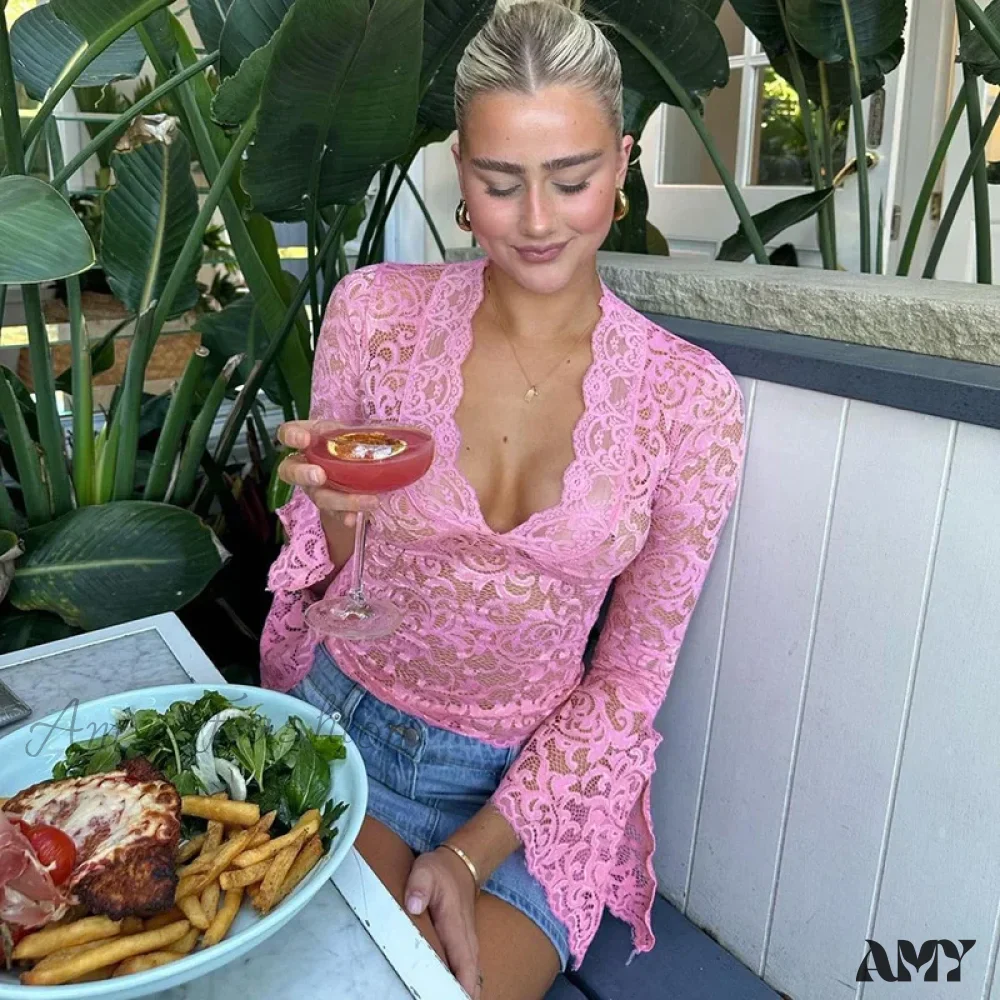 Sexy Soild Lace Streetwear Long Sleeve Fashion Bodycon Crop Top - Image 5