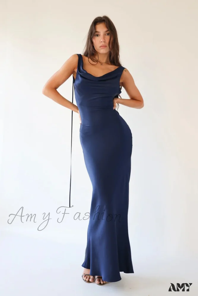 Amy Fashion - Sexy Spaghetti Strap Satin Lace Up Backless Long Dress - Image 2