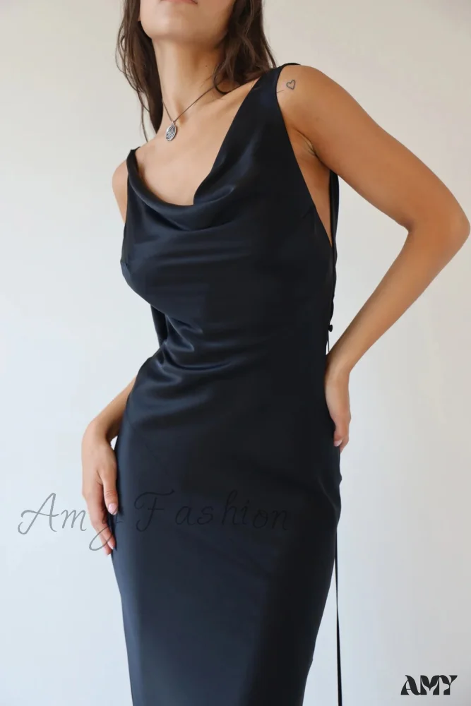 Amy Fashion - Sexy Spaghetti Strap Satin Lace Up Backless Long Dress - Image 3