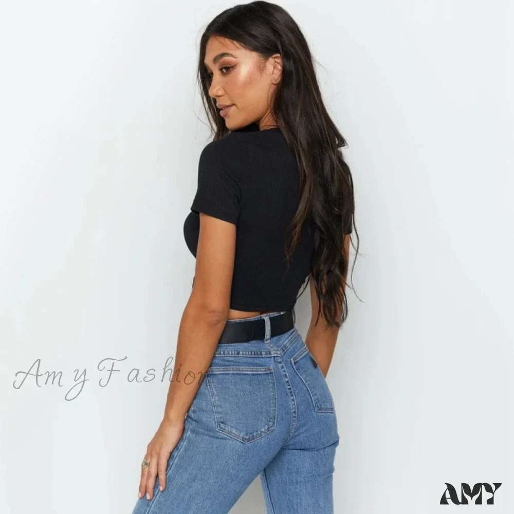 Amy Fashion - Sexy Streetwear Ribber Black Short Sleeve Tops - Image 3