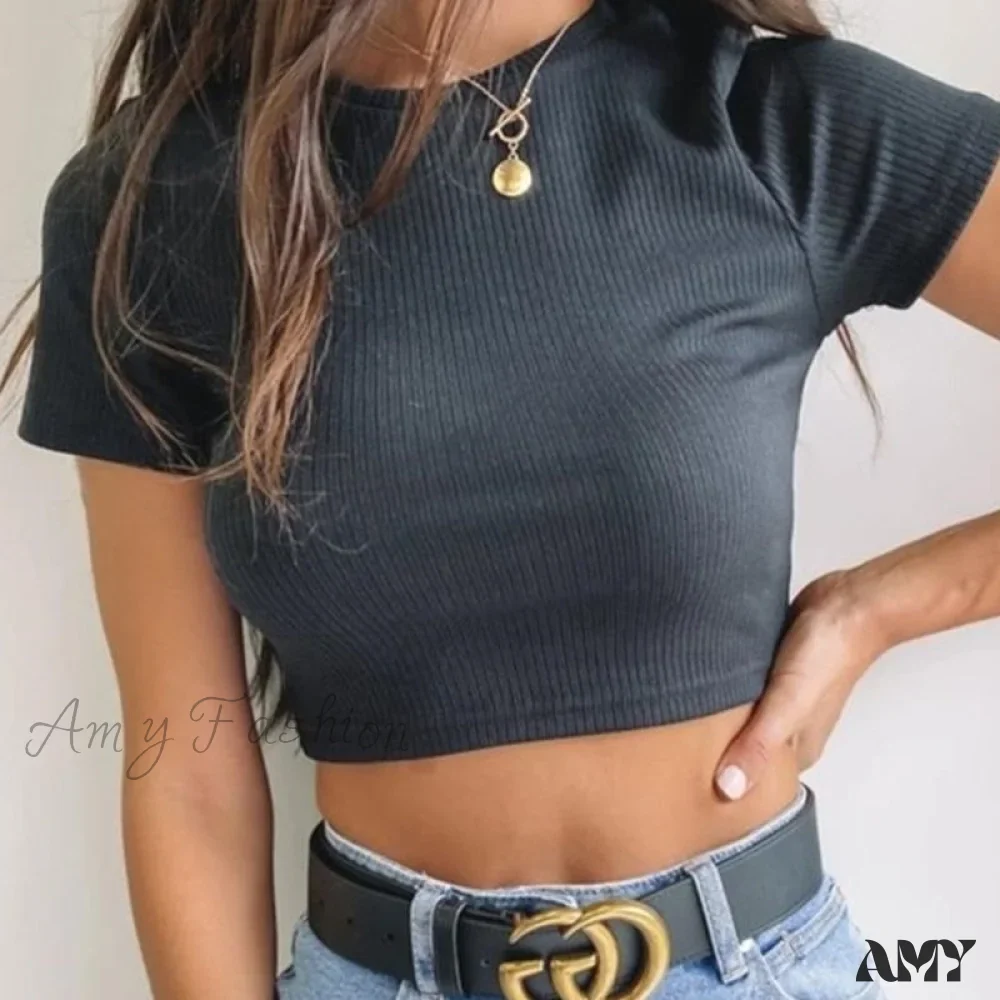Amy Fashion - Sexy Streetwear Ribber Black Short Sleeve Tops - Image 5