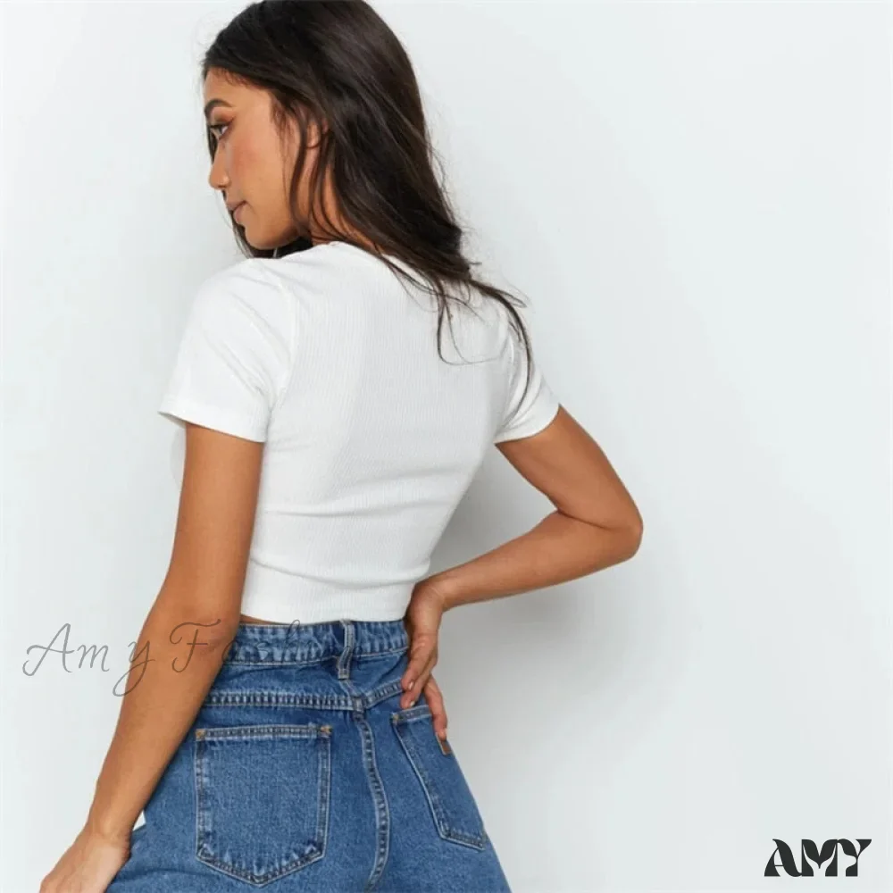 Amy Fashion - Sexy Streetwear Ribber Black Short Sleeve Tops - Image 6