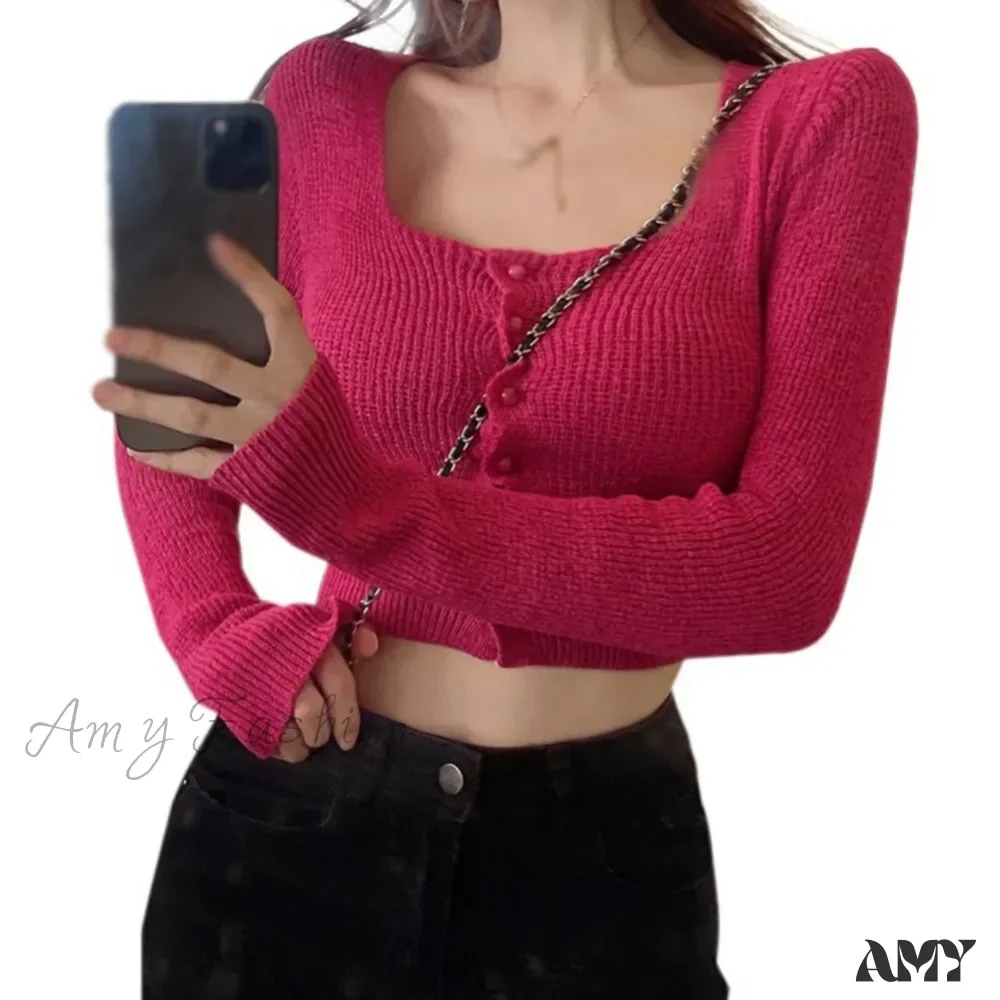 Sexy Summer Button Up Square Neck Long Sleeve Crop Sweater - Image 10