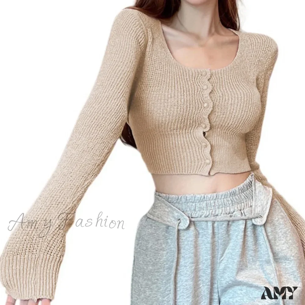 Sexy Summer Button Up Square Neck Long Sleeve Crop Sweater - Image 2