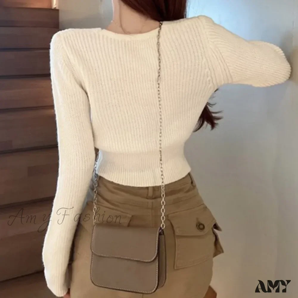 Sexy Summer Button Up Square Neck Long Sleeve Crop Sweater - Image 5