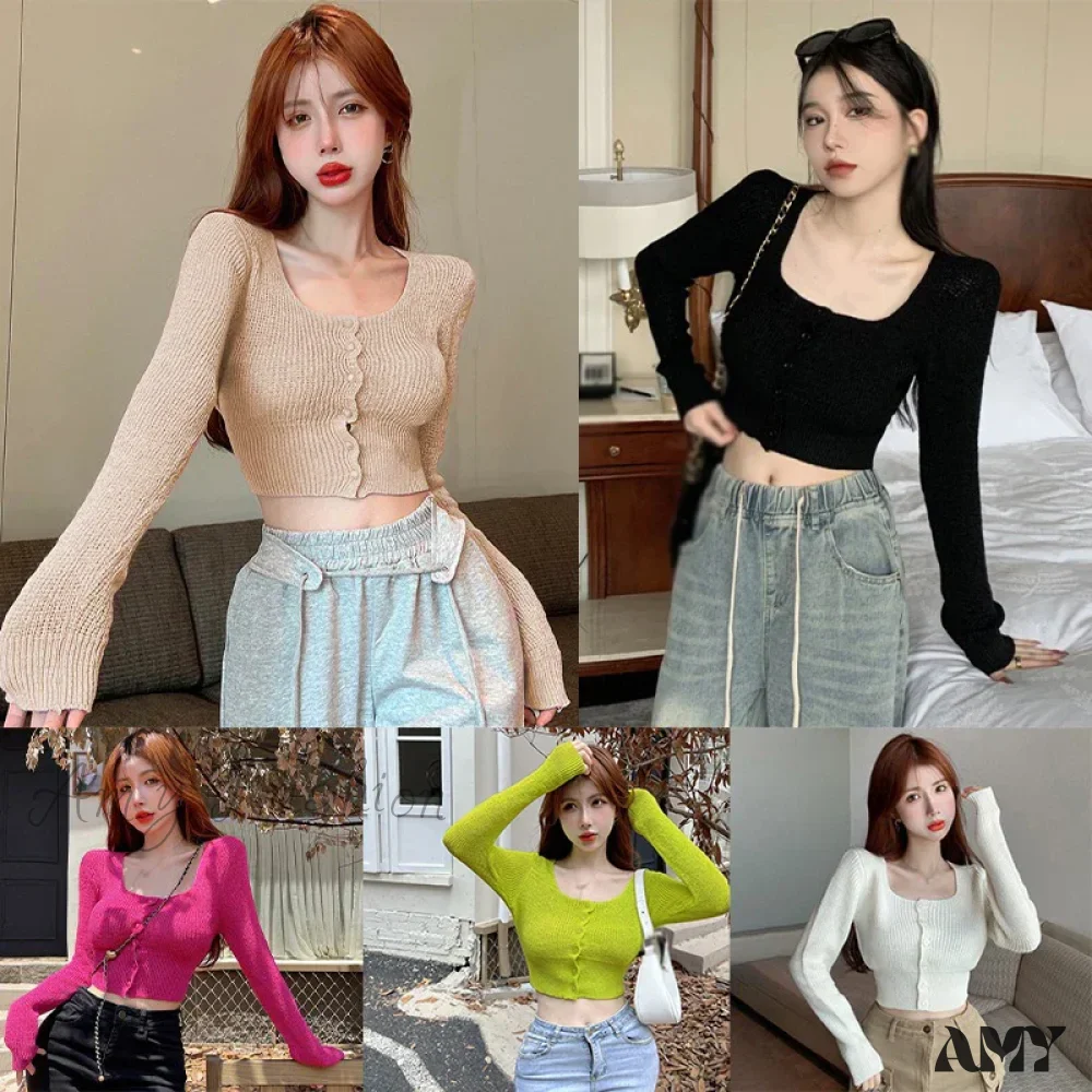 Sexy Summer Button Up Square Neck Long Sleeve Crop Sweater - Image 6
