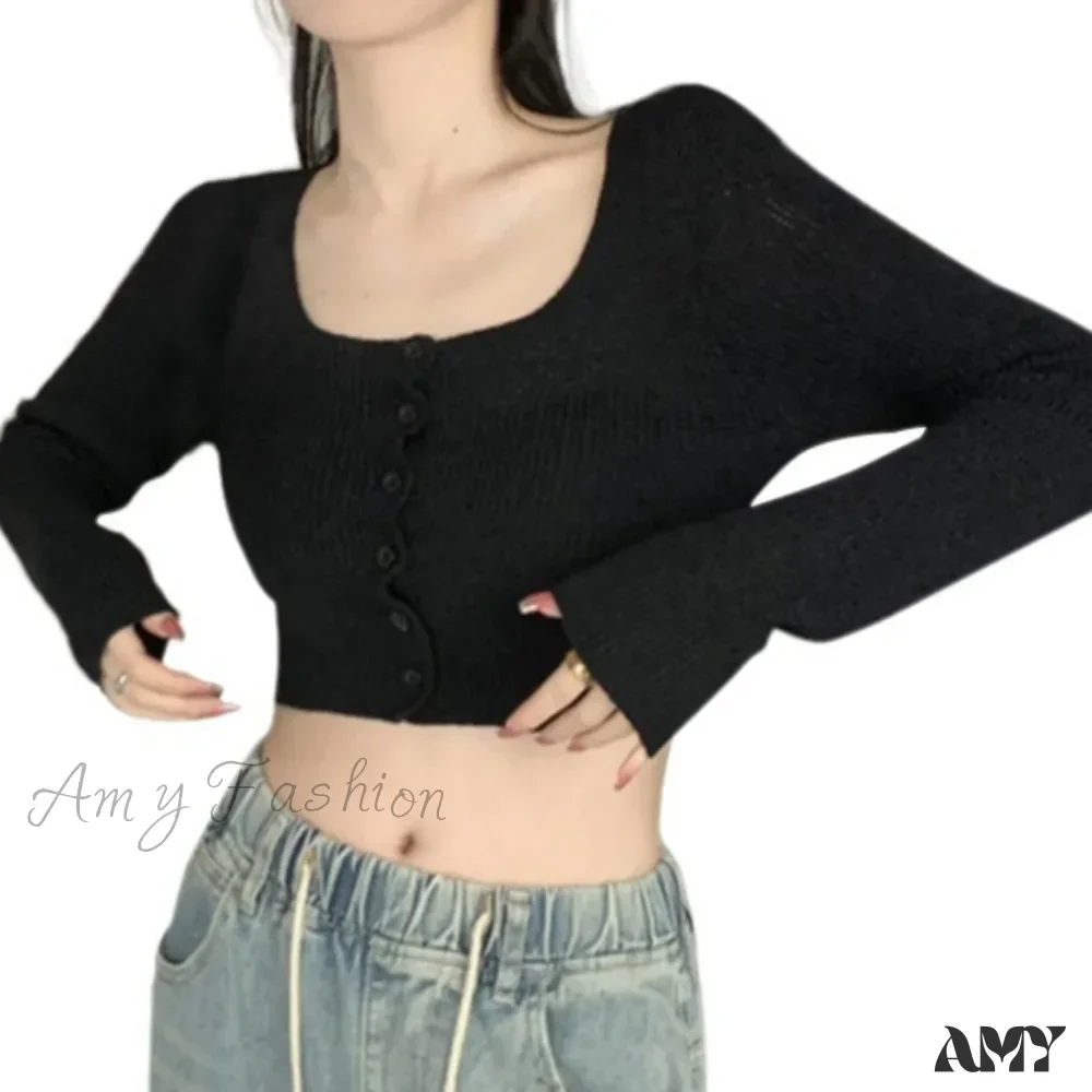 Sexy Summer Button Up Square Neck Long Sleeve Crop Sweater - Image 8