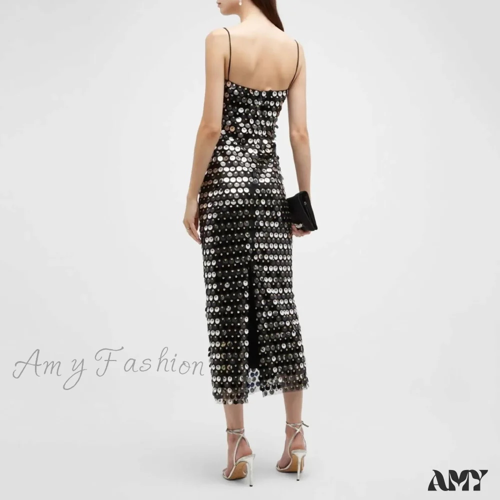Sexy Suspender Slim Sequin Sleeveless Sling Cocktail Evening Gown Chic Lady Elegant Sequins Backless Party Dress - Image 2