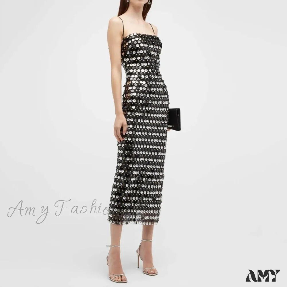 Sexy Suspender Slim Sequin Sleeveless Sling Cocktail Evening Gown Chic Lady Elegant Sequins Backless Party Dress - Image 3