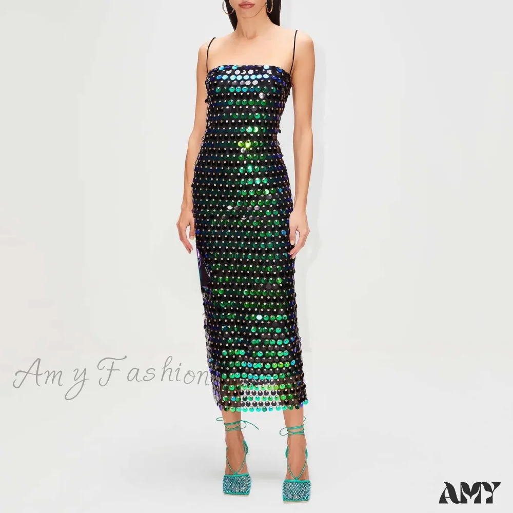 Sexy Suspender Slim Sequin Sleeveless Sling Cocktail Evening Gown Chic Lady Elegant Sequins Backless Party Dress - Image 4