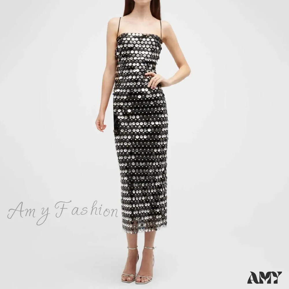 Sexy Suspender Slim Sequin Sleeveless Sling Cocktail Evening Gown Chic Lady Elegant Sequins Backless Party Dress - Image 6