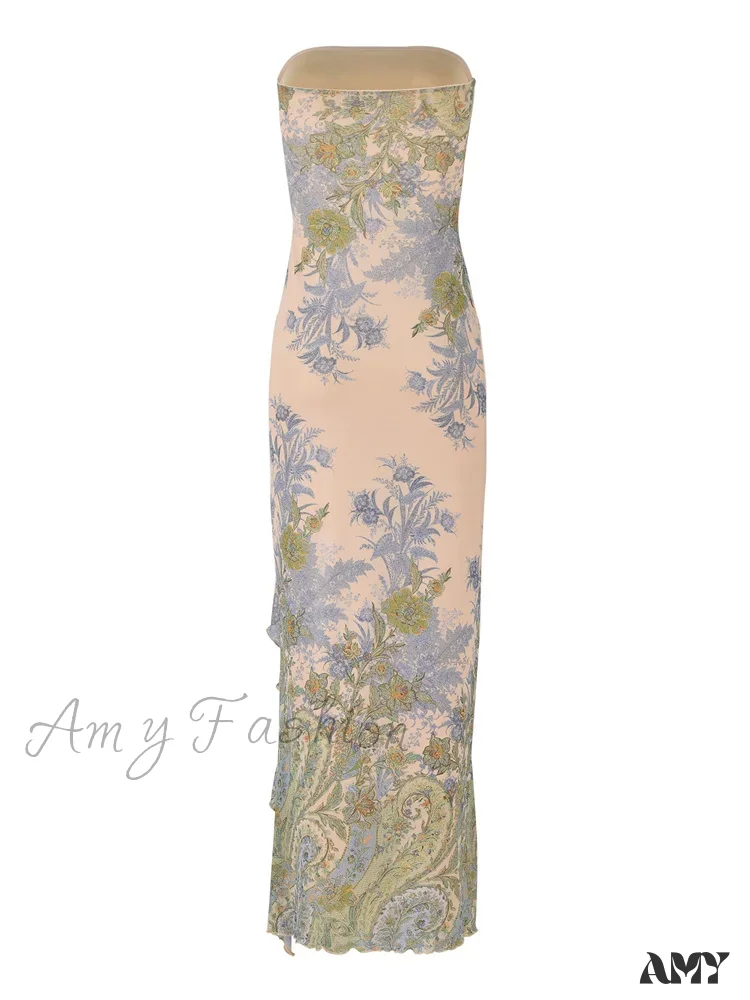 Amy Fashion - Sexy Tube  for Women Irregular Hem Tassel Strapless Off Shoulder Ruffle High Split Vestido - Image 3
