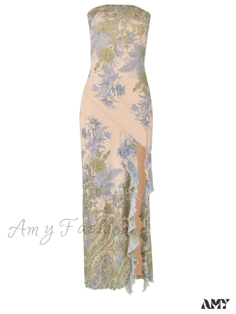Amy Fashion - Sexy Tube  for Women Irregular Hem Tassel Strapless Off Shoulder Ruffle High Split Vestido - Image 5